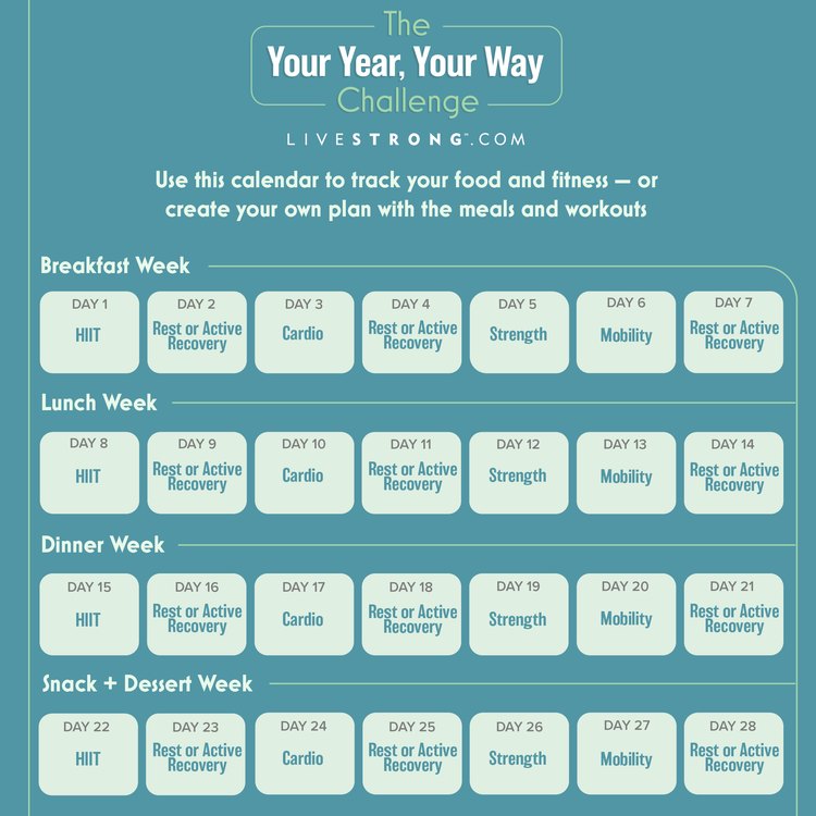 teal calendar with food and fitness plans for month-long your year your way challenge