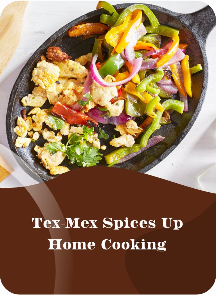 mexican-inspired fajita fillings in skillet with text tex-mex spices up home cooking on brown background