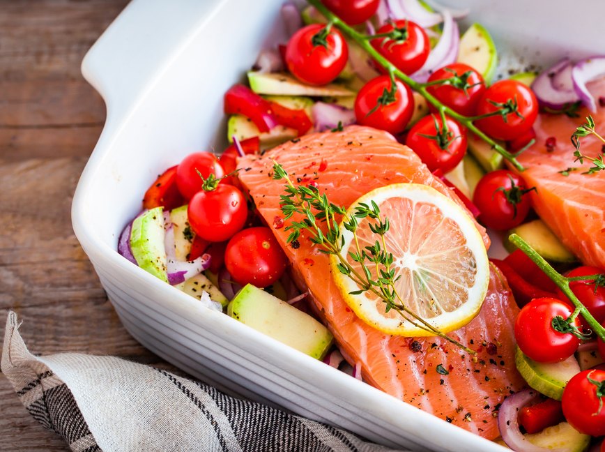 Mediterranean diet meal plan with fresh delicious salmon and vegetables