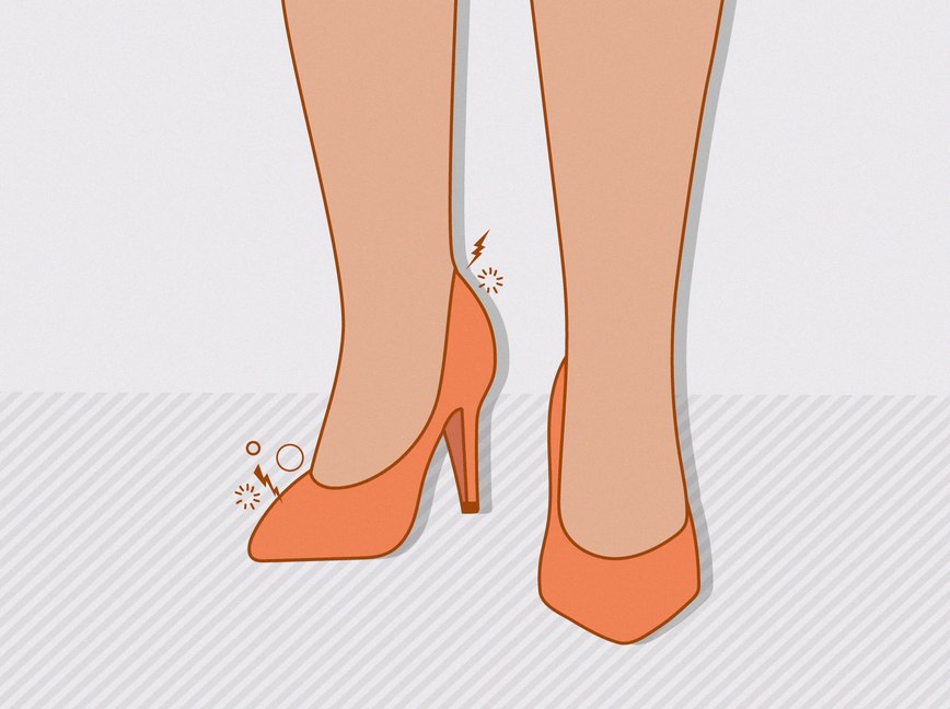 Close up illustration of a person wearing orange high heels against a grey background