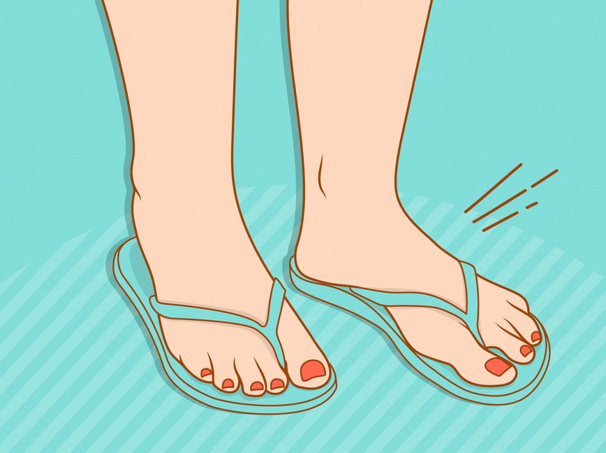 插图用橙色画了一个人的脚趾甲穿着蓝色拖鞋,在蓝色背景下