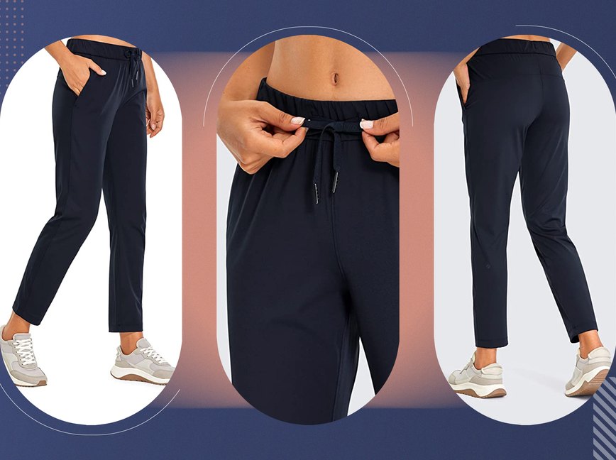 Collage of CRZ YOGA workout pants on a blue background.