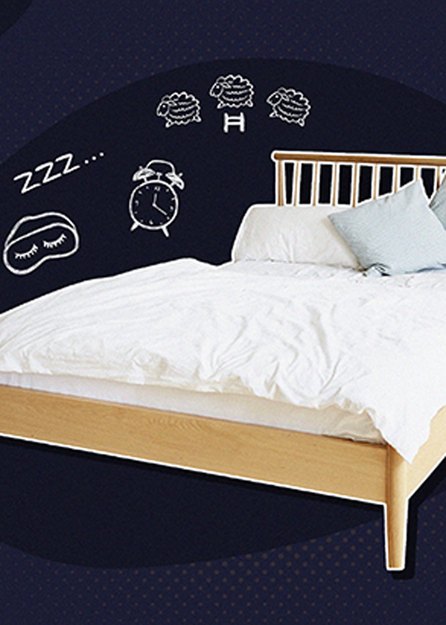 An empty bed on a dark blue background, with illustrations that represent not getting enough sleep