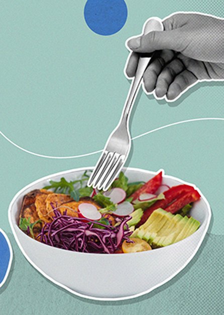 a mixed media image of a fork reaching into a white bowl of salad next to blue dumbbells on a teal background