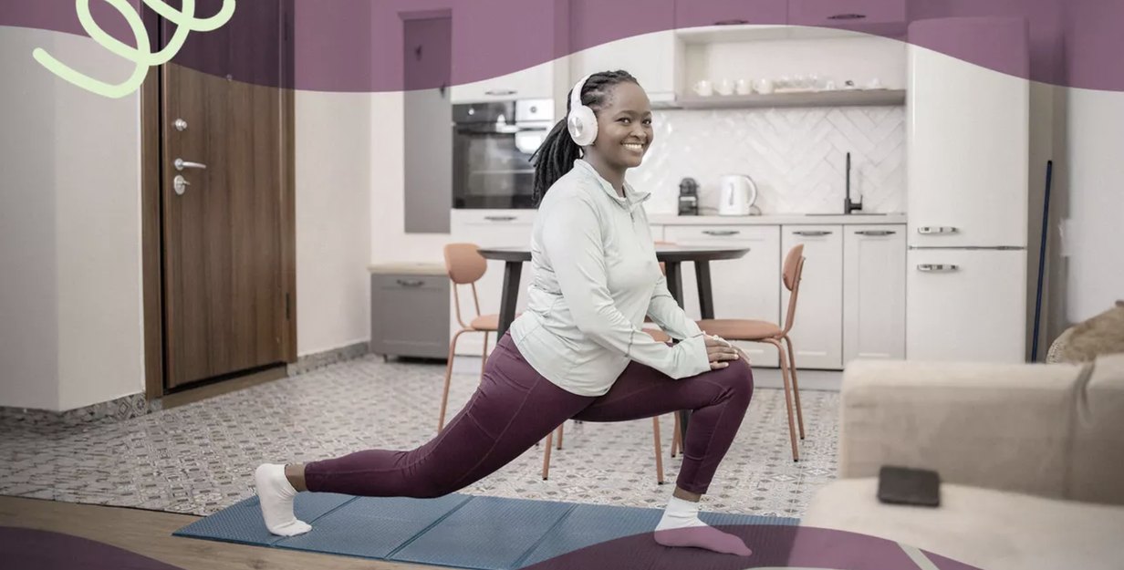 a person wearing a white jacket and purple leggings doing a lunge on a yoga mat in their living room for a fitness challenge