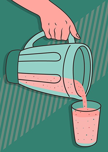 illustration of hand pouring smoothie in blender into glass 